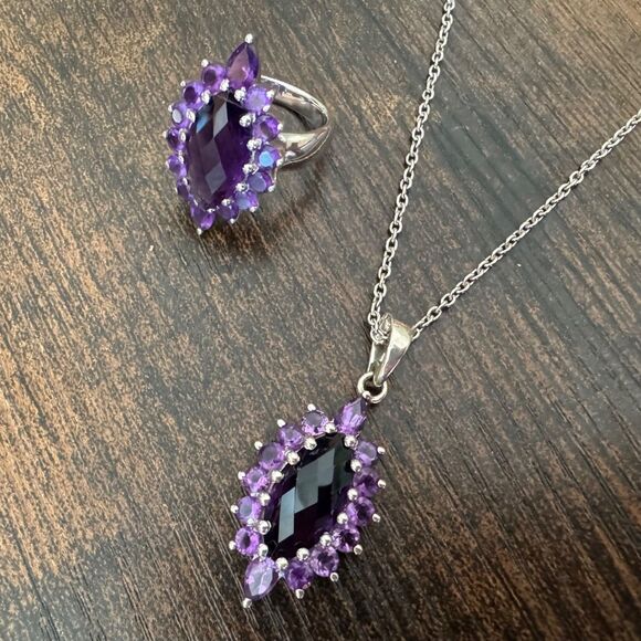 Vintage Estate Amethyst Pendant & Ring Set 925 Sterling Silver Marquise Size 9 - Picture 7 of 17
